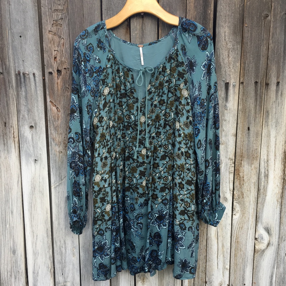 Free People Lucky Loosie Swing Dress Tunic Green Blue Floral S